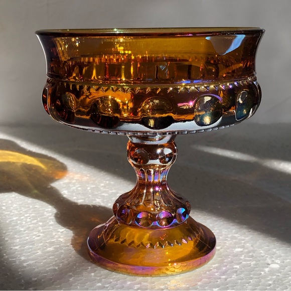 Amber Gold Carnival Glass Iridescent Kings Crown Thumbprint Compote Candy Dish - Picture 6 of 6